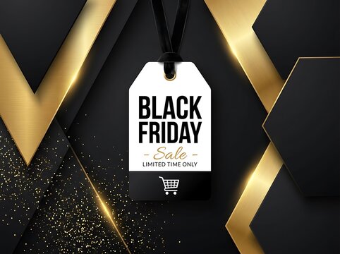 Black Friday sale tag with golden geometric background and shopping cart icon