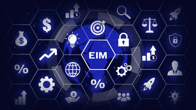 Enterprise information management eim digital concept featuring global network connectivity, financial growth analytics, cyber security protection, and strategic business optimization in blue tech ui