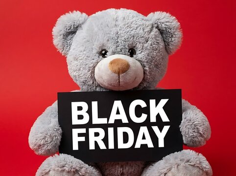 Gray teddy bear holding a black friday sign against a red background