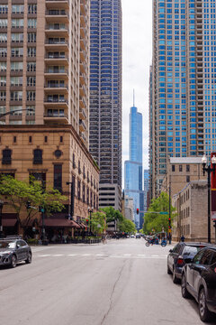 Vibrant sunny view of Chicago downtown skyline under a blue sky