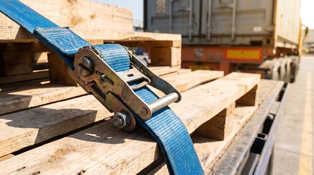 Industrial ratchet tie down strap securing wooden pallets on flatbed truck during freight shipment with cargo load restraint heavy duty supply chain logistics