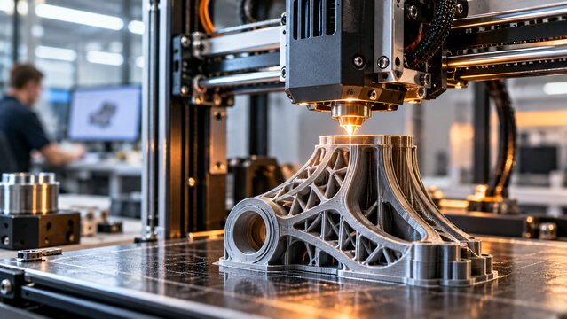 Industrial additive manufacturing machine building a detailed metal component with precision laser technology
