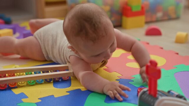 Baby boy reaching with outstretched arm toward a toy on colorful interlocking foam mat inside a residential building; curiosity.