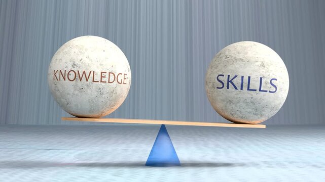 Knowledge and skills balance - stones on a scale weigh knowledge against skills. Know the theory, master the practice: knowledge and skills in harmony for career growth.