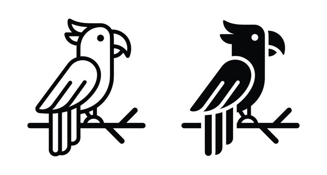 Cockatoo parrot bird icon set featuring outline and solid glyph styles perched on a branch for nature and wildlife design