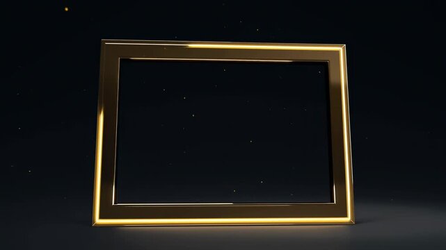 Glowing golden picture frame with drifting particles in a dark studio space. Title card design, slideshow opener, and luxury invitation.
