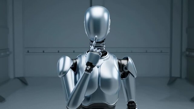 Humanoid robot raises a hand to its chin in a cool industrial laboratory. Technology presentations, robotics education, and artificial intelligence campaigns.