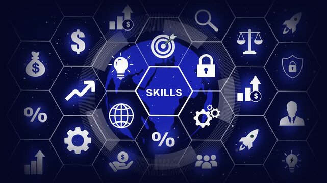Skills development and career growth concept featuring animated global business digital hexagonal network interface, financial growth symbols, and corporate strategy infographic motion