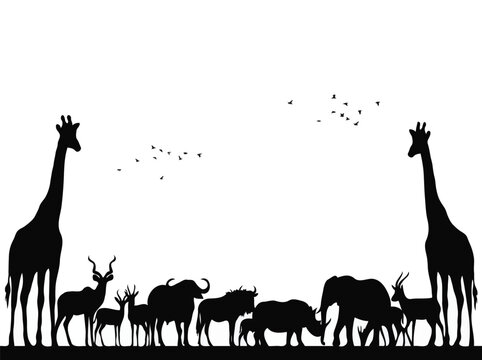 African Safari Wildlife Animals Silhouette Panorama on White Background