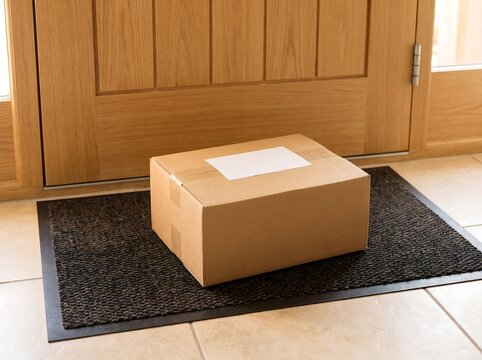 Home delivery concept: Brown cardboard parcel box with a white shipping label resting on a black doormat in front of a wooden front door. Online shopping e-commerce.