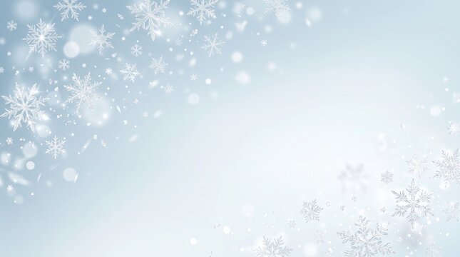 A festive abstract christmas blue background features falling white snow and sparkling bokeh lights, creating a serene winter scene with copy space.