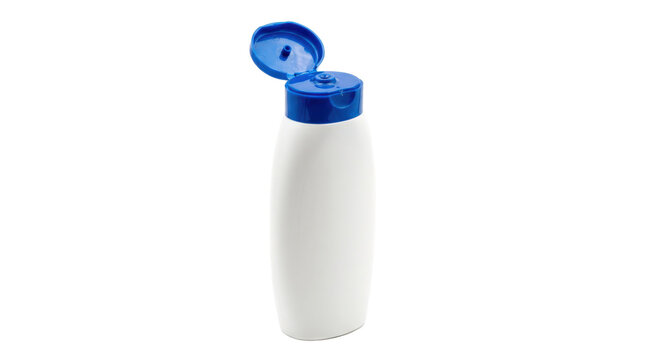 White squeeze bottle, photorealistic flexible plastic container with a clean white body and open blue flip cap, generic packaging for soap, shampoo or cosmetic liquids. Front three-quarter view, crisp