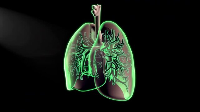 Anatomical human lungs rotate as branching airways glow green under dramatic lighting, illustrating respiratory anatomy and pulmonary structures in a medical animation