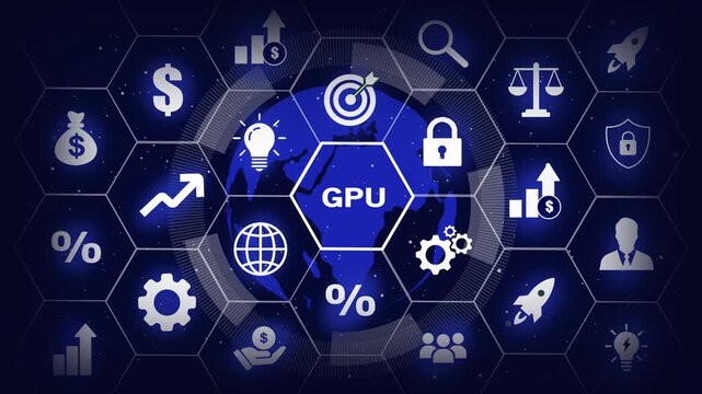 Advanced gpu technology concept featuring digital global network connectivity, artificial intelligence processing, high-performance computing infrastructure, data analytics, and cyber security in