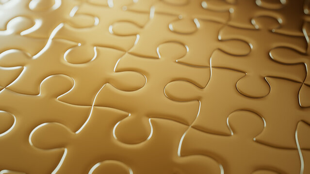 Close up of Gold Jigsaw Puzzle Pieces. Stylish System Concept Background.