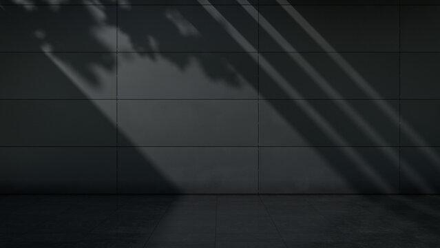 Functional Concrete Cladding Wall Background with Natural Sunlight and Leaf Shadows. Real Estate Concept with copy-space.
