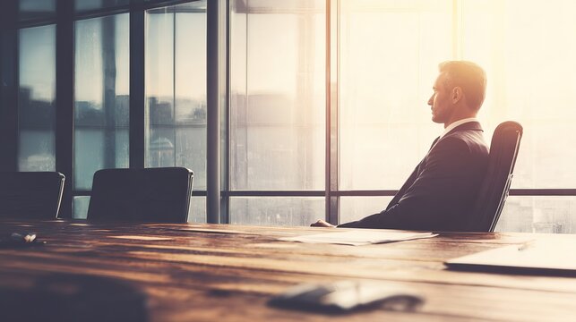 High-ranking executive in a suit sitting alone at a large wooden desk, contemplating resignation papers in a spacious office with large windows, clean desk emphasizing focus on resignation decision.