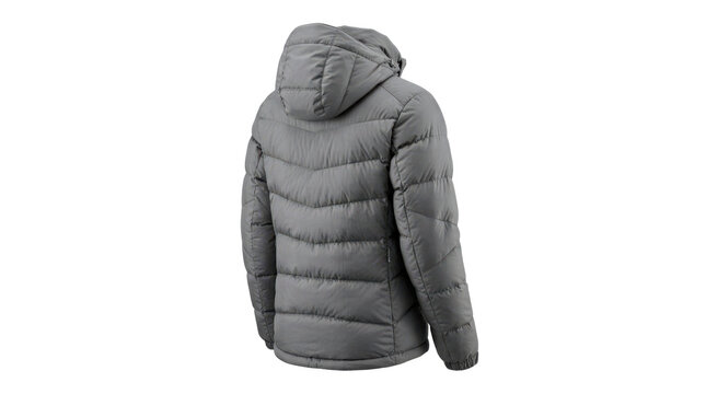 Gray puffer jacket, sculpted down-filled channels, streamlined hip-length cut, water-resistant shell and detachable hood, photorealistic apparel product photography, rear three-quarter view,