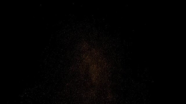 Golden particle cloud expands and fades across a black field. Motion graphics compositing, title sequence design, and cinematic effects.