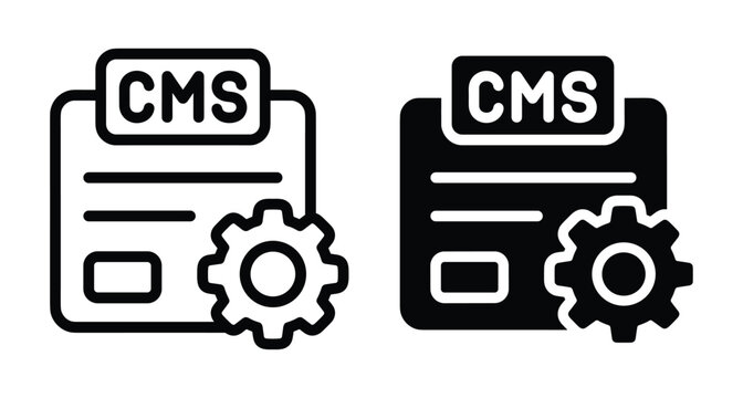 Content management system icon set featuring document window with gear symbol for website administration software development and digital publishing