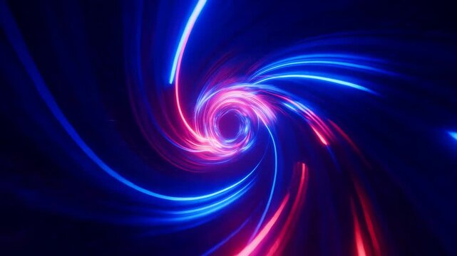 Swirling blue, red, and pink neon light trails form a glowing vortex in abstract digital space. Event screen, music visualizer, and technology presentation.