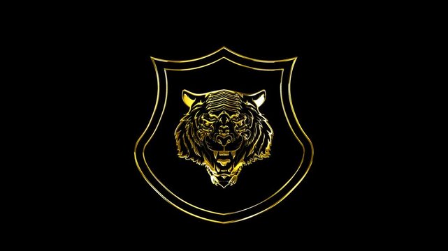 luxury gold head tiger logo with shield lines on the alpha channel background