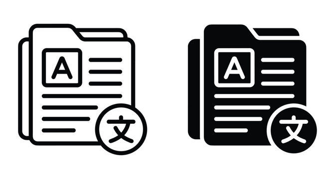 Document translation icon set showing file folder with letter A and foreign language character for multilingual communication and localization services