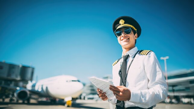 Pilot in uniform smiling near airplane, holding flight itinerary, clear blue sky, professional aviation concept, travel and aviation industry