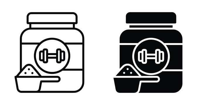 Protein powder jar icon set with measuring scoop and dumbbell symbol for fitness nutrition bodybuilding supplements and gym health