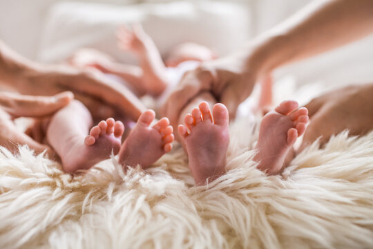 Detail of newborn twin baby feet and toes on cozysheepskin rug