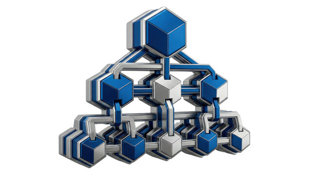 Blue and silver hierarchical organization-chart emblem formed as one sculptural 3D business icon, with connected geometric tiers integrated into a clean structured design. Photorealistic product