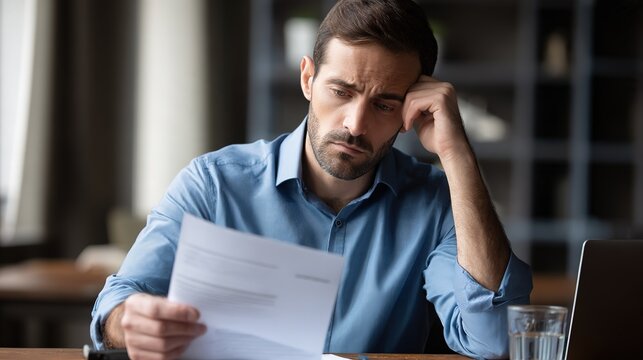 Businessman sitting at desk, concerned expression while holding document with trade tariff details, office setting, professional atmosphere, corporate environment.
