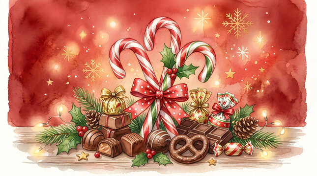 Christmas candy canes with chocolates and presents on a festive red background