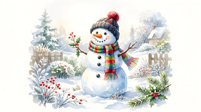 Happy snowman wearing a colorful scarf and winter hat standing in a snowy forest scene