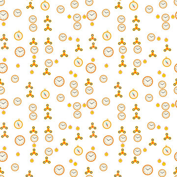 Seamless pattern of clocks, fidget spinners, and compasses
