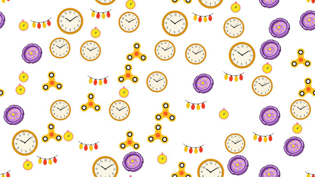 Seamless pattern of clocks, fidget spinners, and string lights