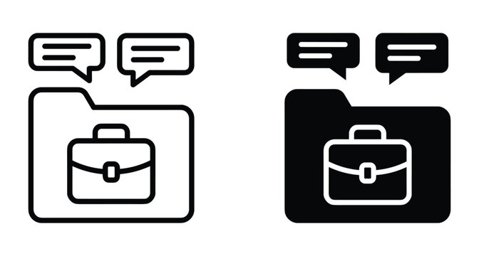 Business folder icon with briefcase and speech bubbles representing professional communication project management case study documentation and corporate file sharing