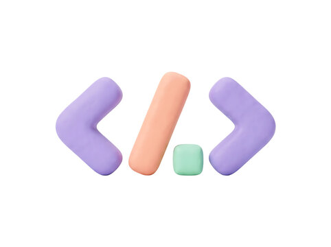 Lavender Code Brackets with Peach Slash and Mint Cursor 3D Clay Icon PNG Transparent Background
