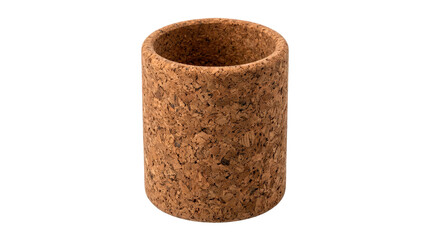 Fototapeta premium Cork pencil holder, single empty cylindrical desktop cup made from natural brown cork with rough organic texture and clean rim, photorealistic office product photography, front three-quarter view,