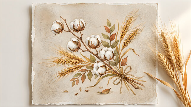 Beautiful watercolor illustration of white cotton flowers and golden wheat stalks in a bouquet