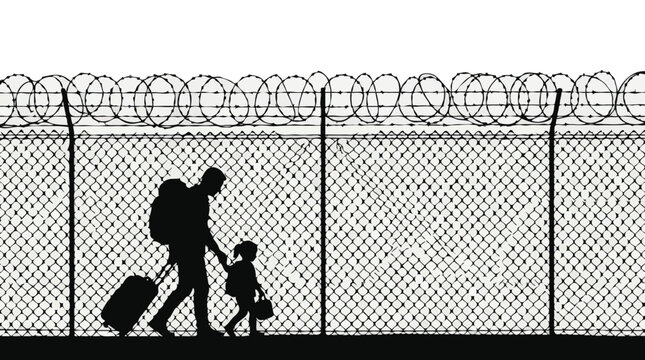 Silhouette of Parent and Child Walking Along Security Barbed Wire Fence