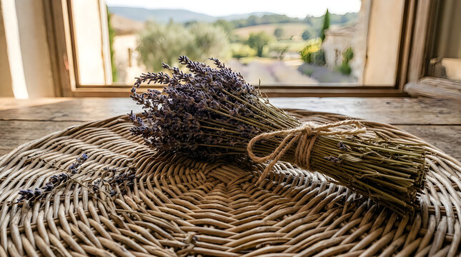 A bundle of dried lavender flowers on a woven wicker plate near a window with a green garden view