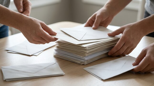 Hands sorting mail, a stack of white envelopes on a wooden table. Business communication, postal service, and office administration concept.