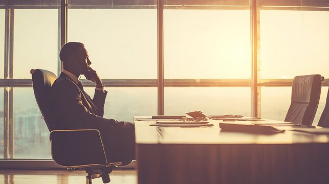 High-ranking executive in a suit sitting alone at a large wooden desk, contemplating resignation papers in a spacious office with large windows, clean desk emphasizing focus on resignation decision.