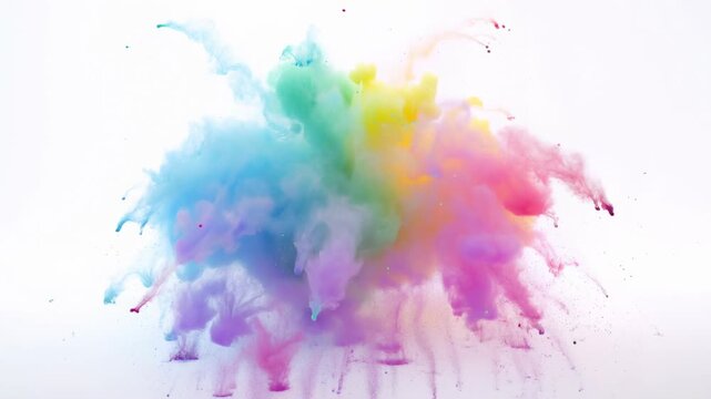 Color powder cloud expands into a vibrant abstract burst on a clean white background. Graphic design, branding, and event promotion.