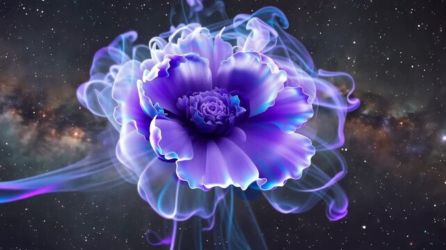 Surreal purple flower blooms and transforms with flowing luminous petals against a star filled galaxy background, creating a dreamlike cosmic animation
