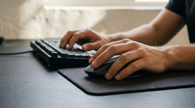 Professional hands typing on a black keyboard and operating a computer mouse, focused work at a modern desk, digital productivity and efficient workflow.