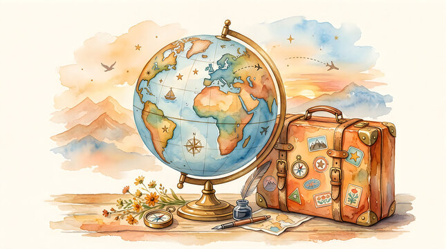 Vintage globe with old suitcase and travel accessories on a wooden table