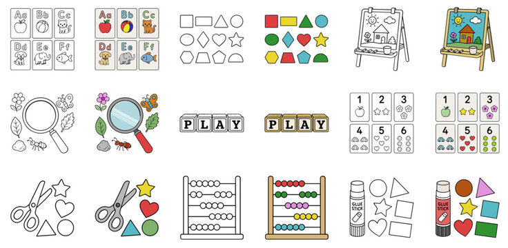 A collection of educational illustrations for early childhood learning, featuring alphabet cards, shapes, magnifiers, scissors, abacuses, and art supplies.