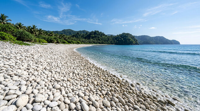Wide tropical bay with white pebble shoreline, clear blue water, palm trees, and forested hills
